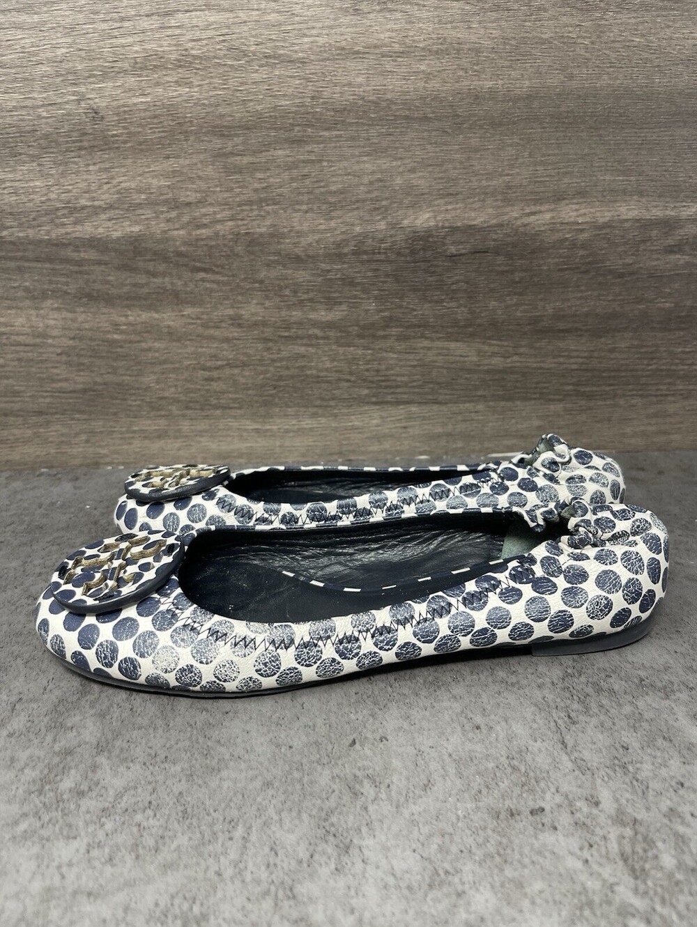 Tory Burch Reva Ballet Flats Womens Size 6.5 Blue White Polka Dot Leather Logo